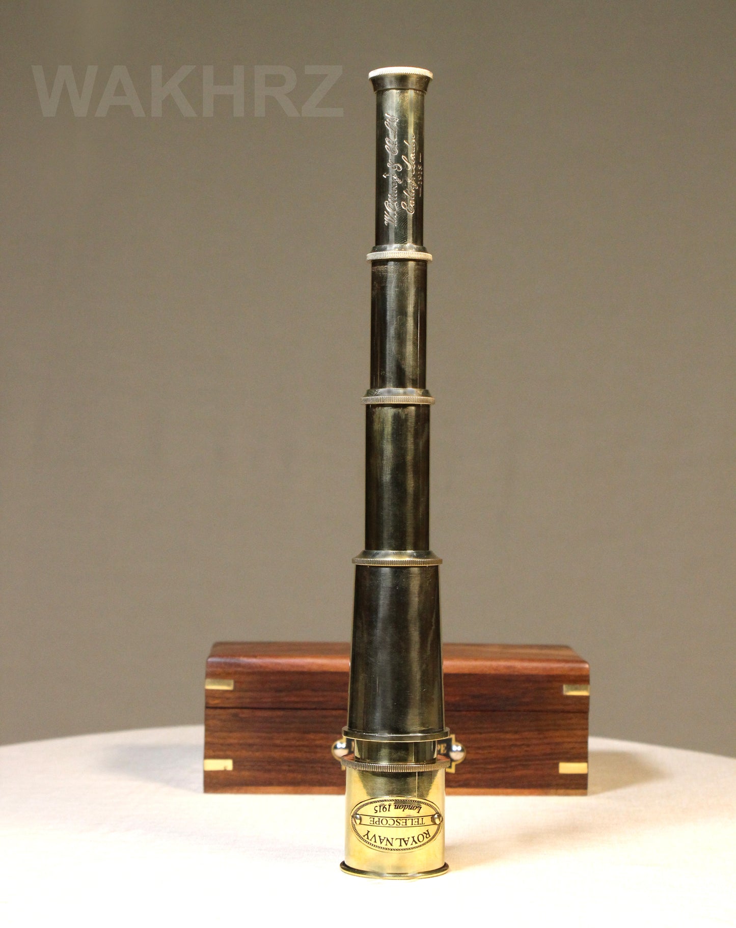 WAKHRZ ROYAL NAVY LONDON 1915 TELESCOPE WITH WOODEN BOX.