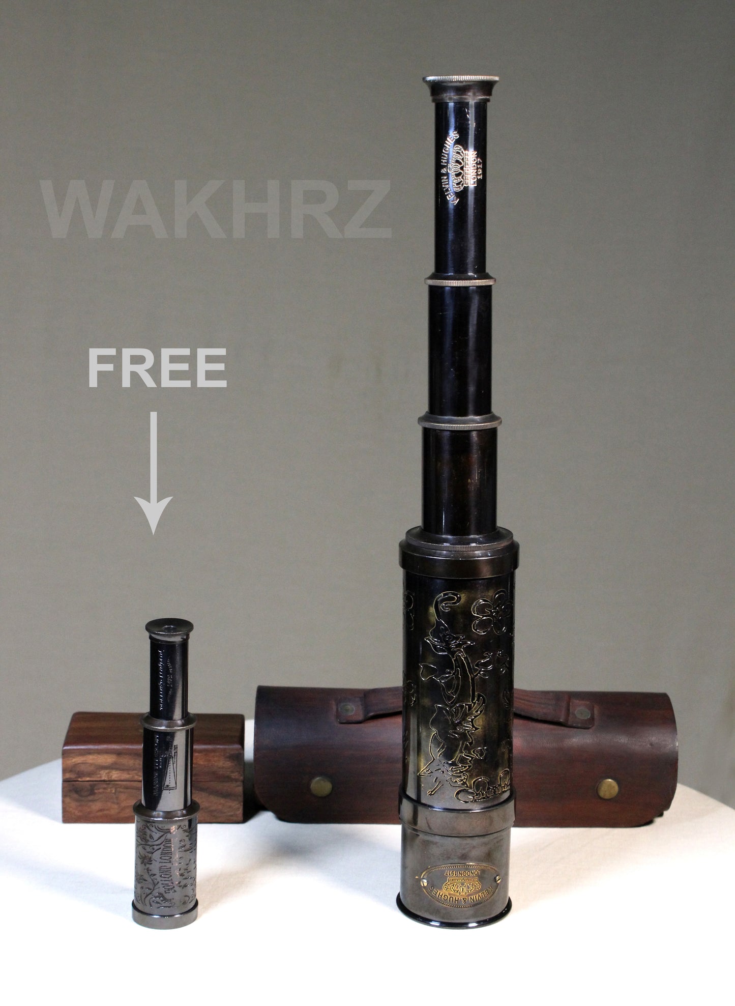 WAKHRZ BRASS SHINY BLACK LONDON 1917 TELESCOPE WITH LEATHER BOX.