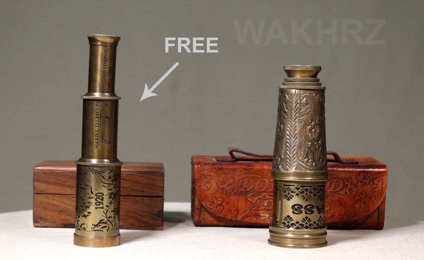 WAKHRZ BRASS MARINE TELESCOPE WITH LEATHER BOX.