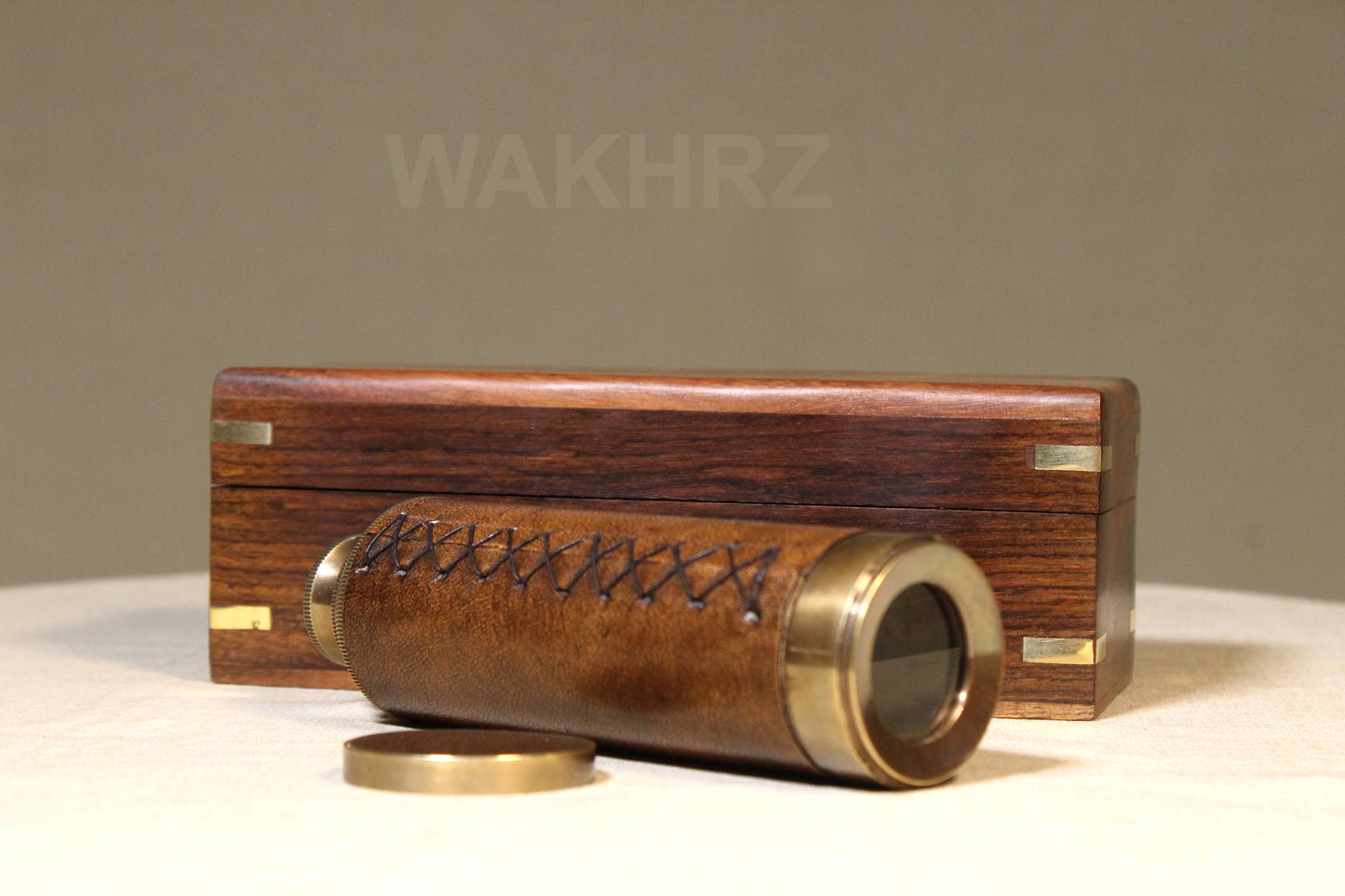 WAKHRZ LEATHER MARINE TELESCOPE WITH WOODEN BOX.