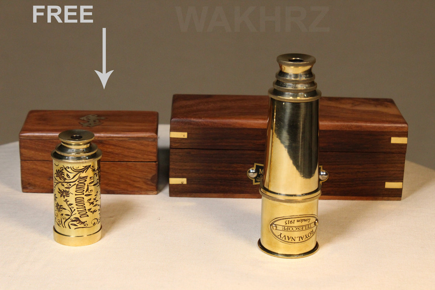 WAKHRZ ROYAL NAVY LONDON 1915 TELESCOPE WITH WOODEN BOX.