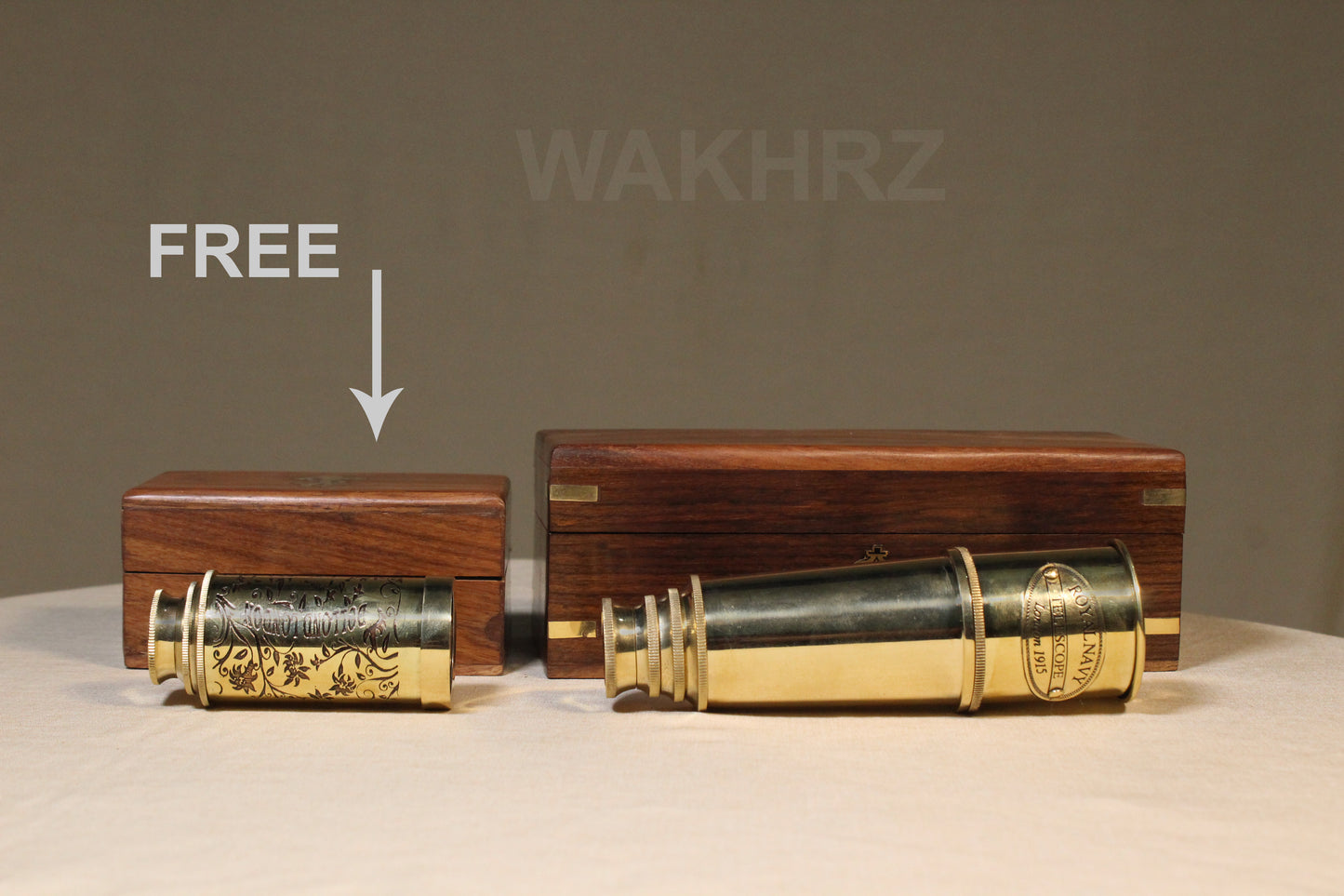 WAKHRZ ROYAL NAVY LONDON 1915 TELESCOPE WITH WOODEN BOX.