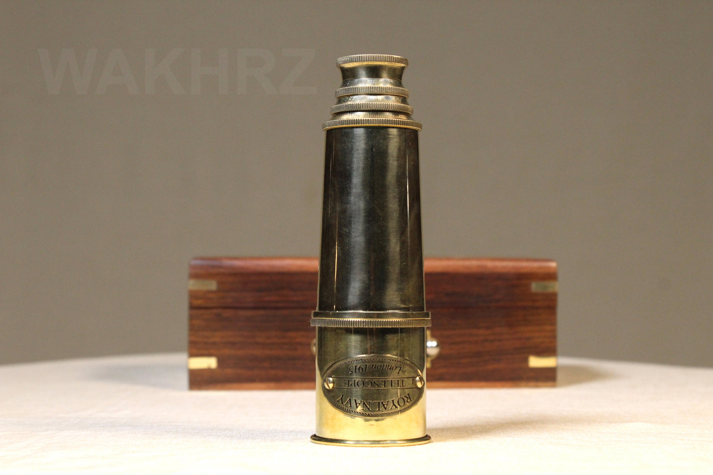 WAKHRZ ROYAL NAVY LONDON 1915 TELESCOPE WITH WOODEN BOX.