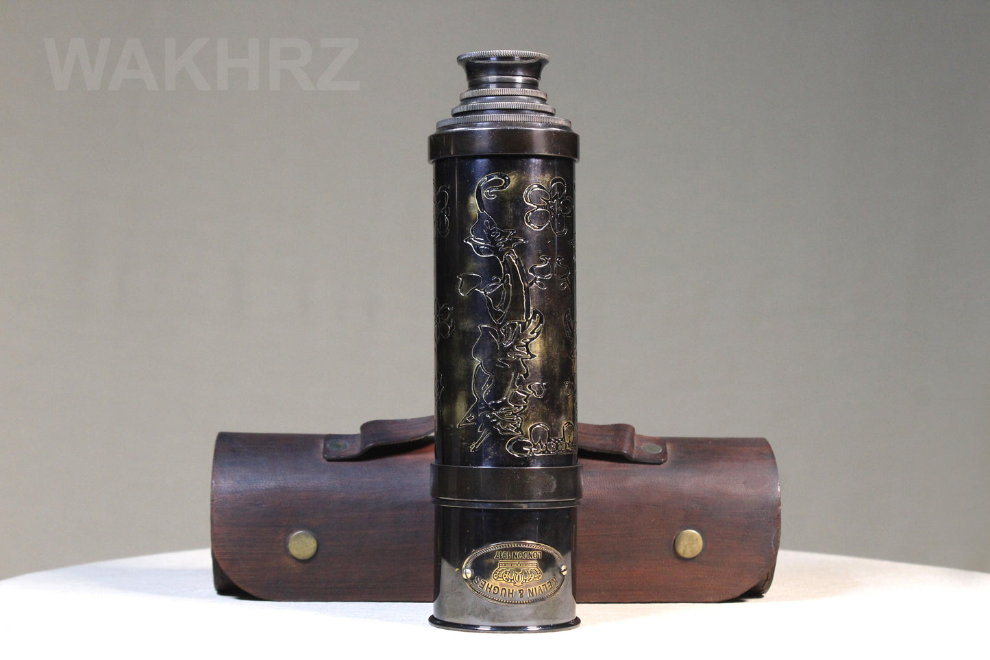 WAKHRZ BRASS SHINY BLACK LONDON 1917 TELESCOPE WITH LEATHER BOX.