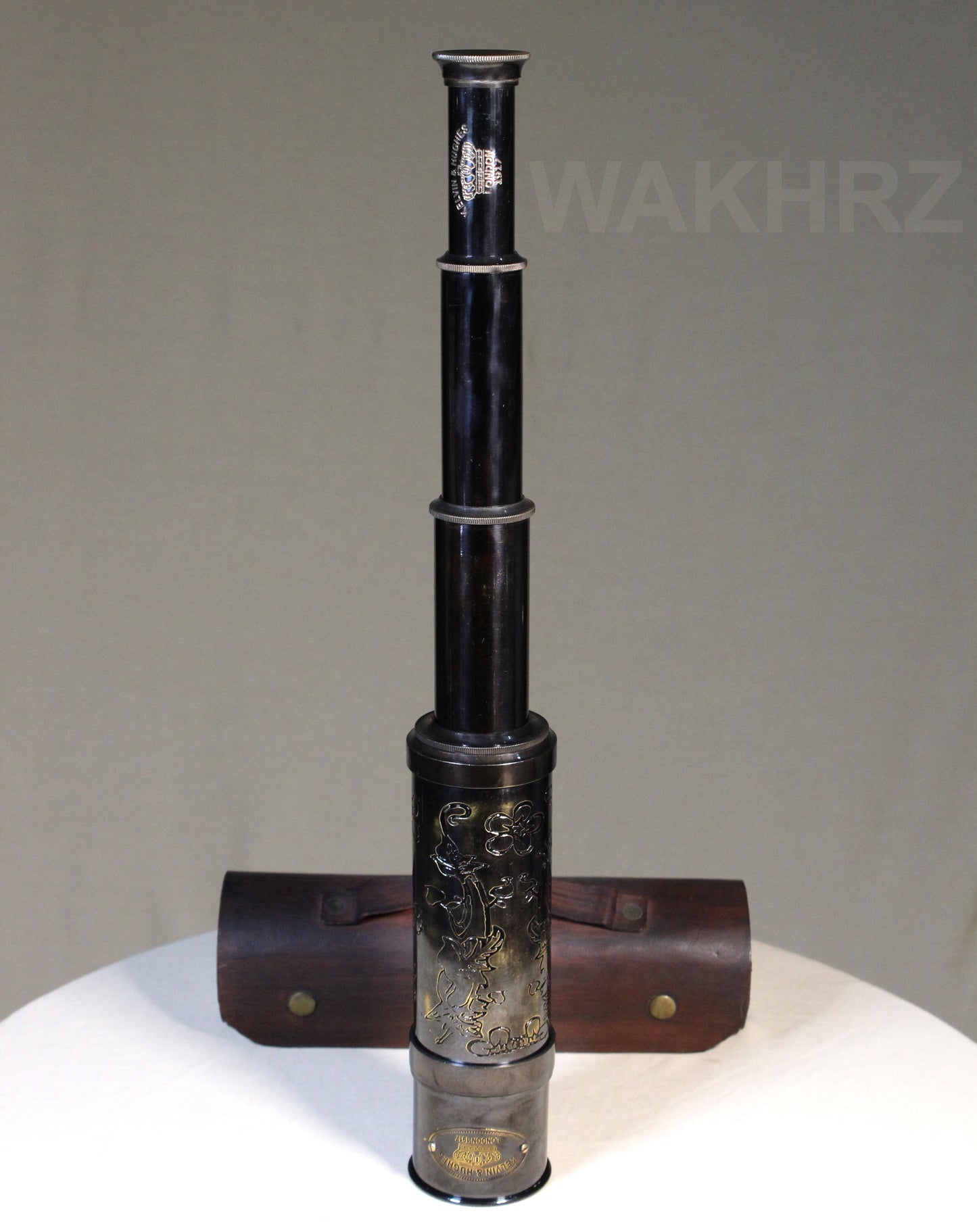 WAKHRZ BRASS SHINY BLACK LONDON 1917 TELESCOPE WITH LEATHER BOX.