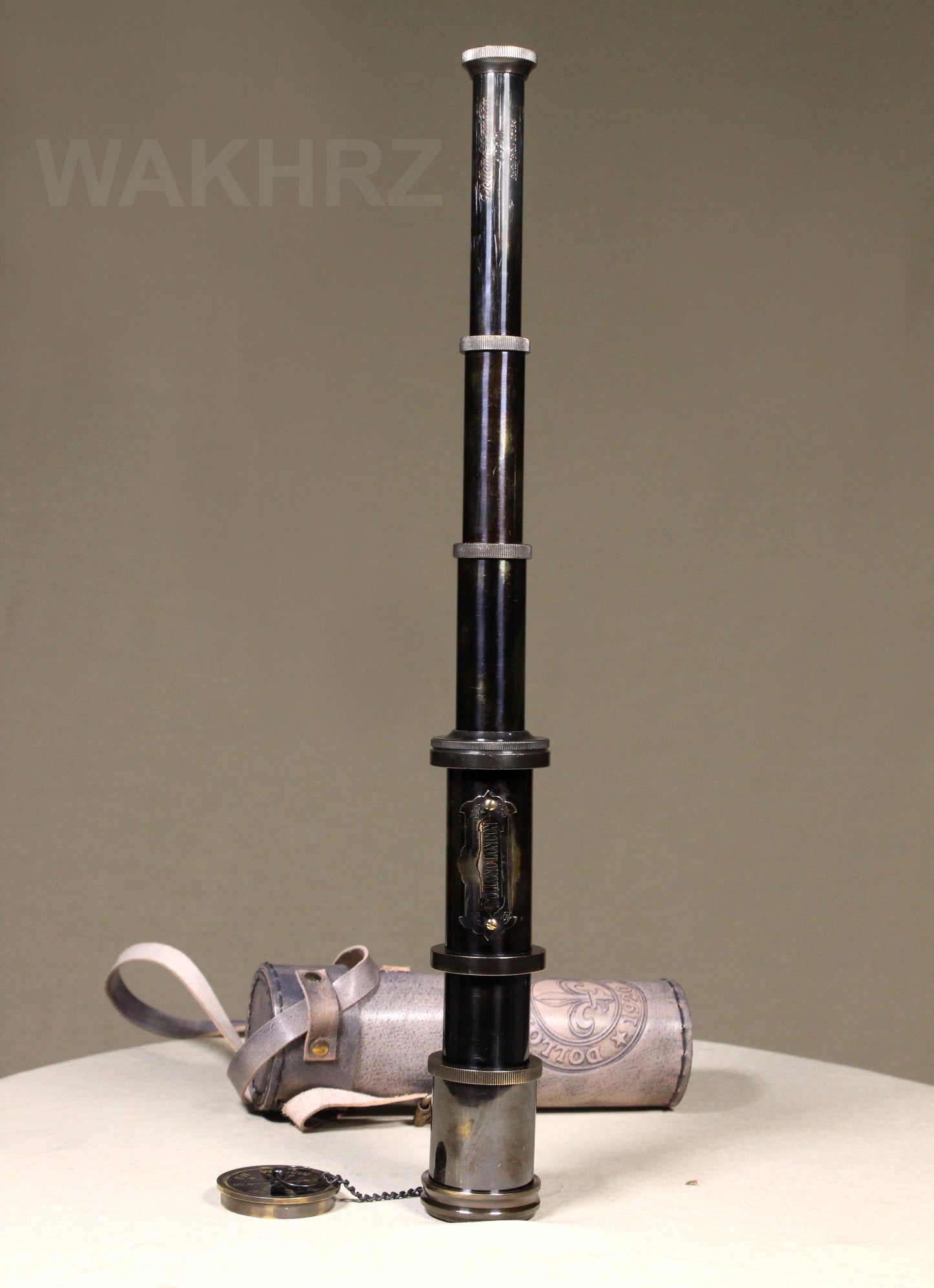 WAKHRZ SHINY BLACK BRASS DOLLOND LONDON TELESCOPE WITH SIDE LEATHER BOX.