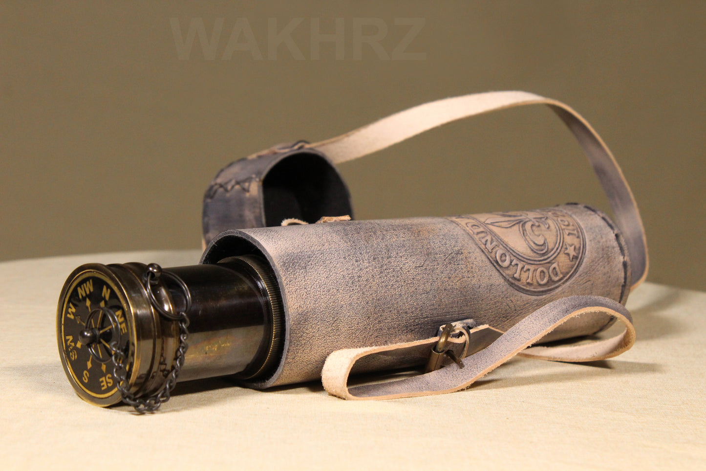 WAKHRZ SHINY BLACK BRASS DOLLOND LONDON TELESCOPE WITH SIDE LEATHER BOX.