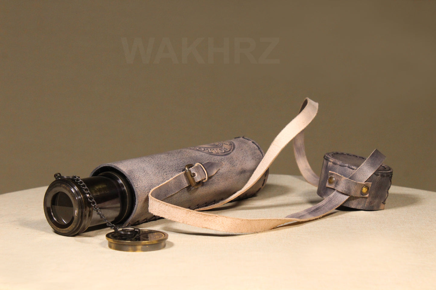 WAKHRZ SHINY BLACK BRASS DOLLOND LONDON TELESCOPE WITH SIDE LEATHER BOX.
