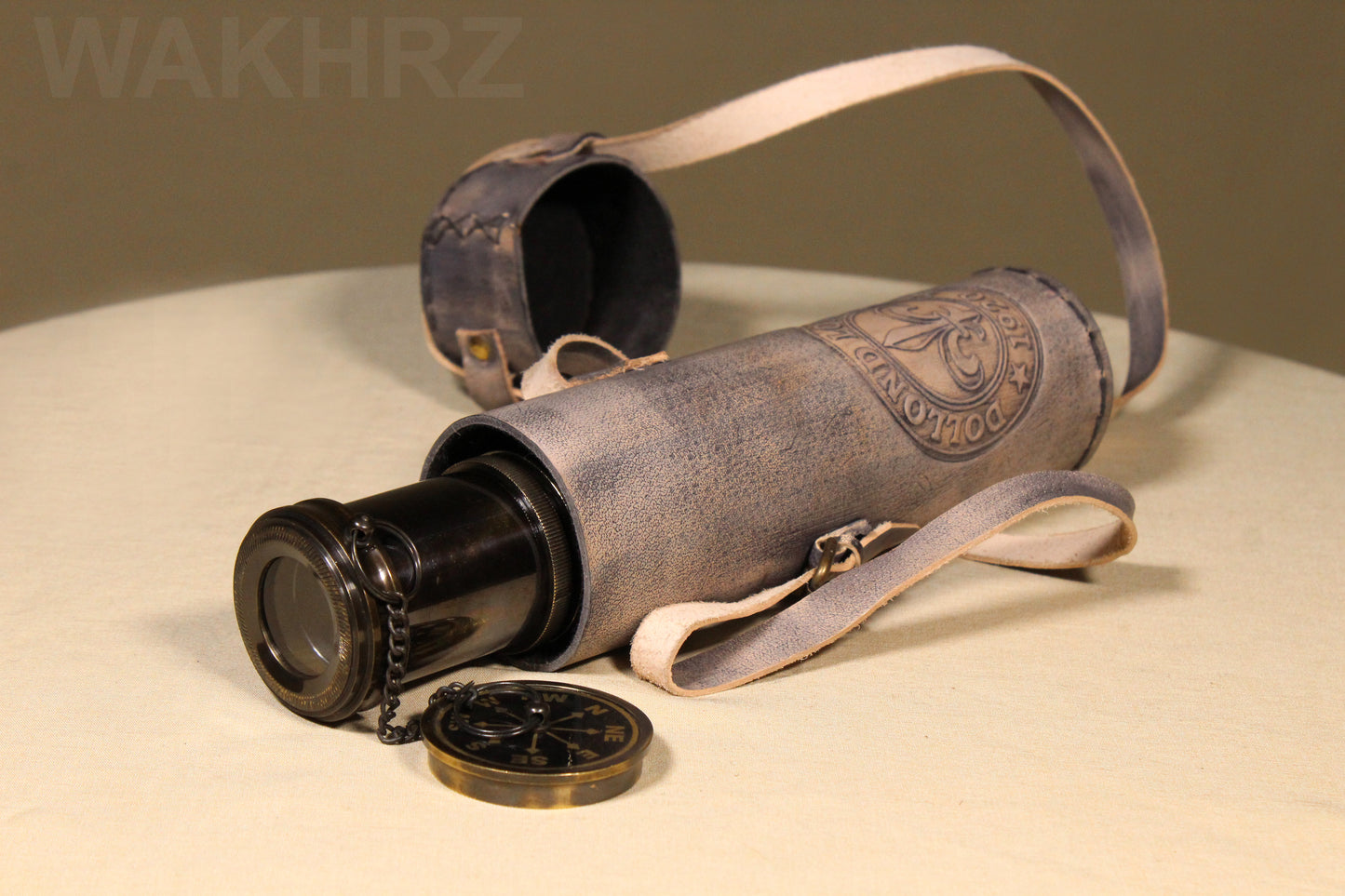 WAKHRZ SHINY BLACK BRASS DOLLOND LONDON TELESCOPE WITH SIDE LEATHER BOX.