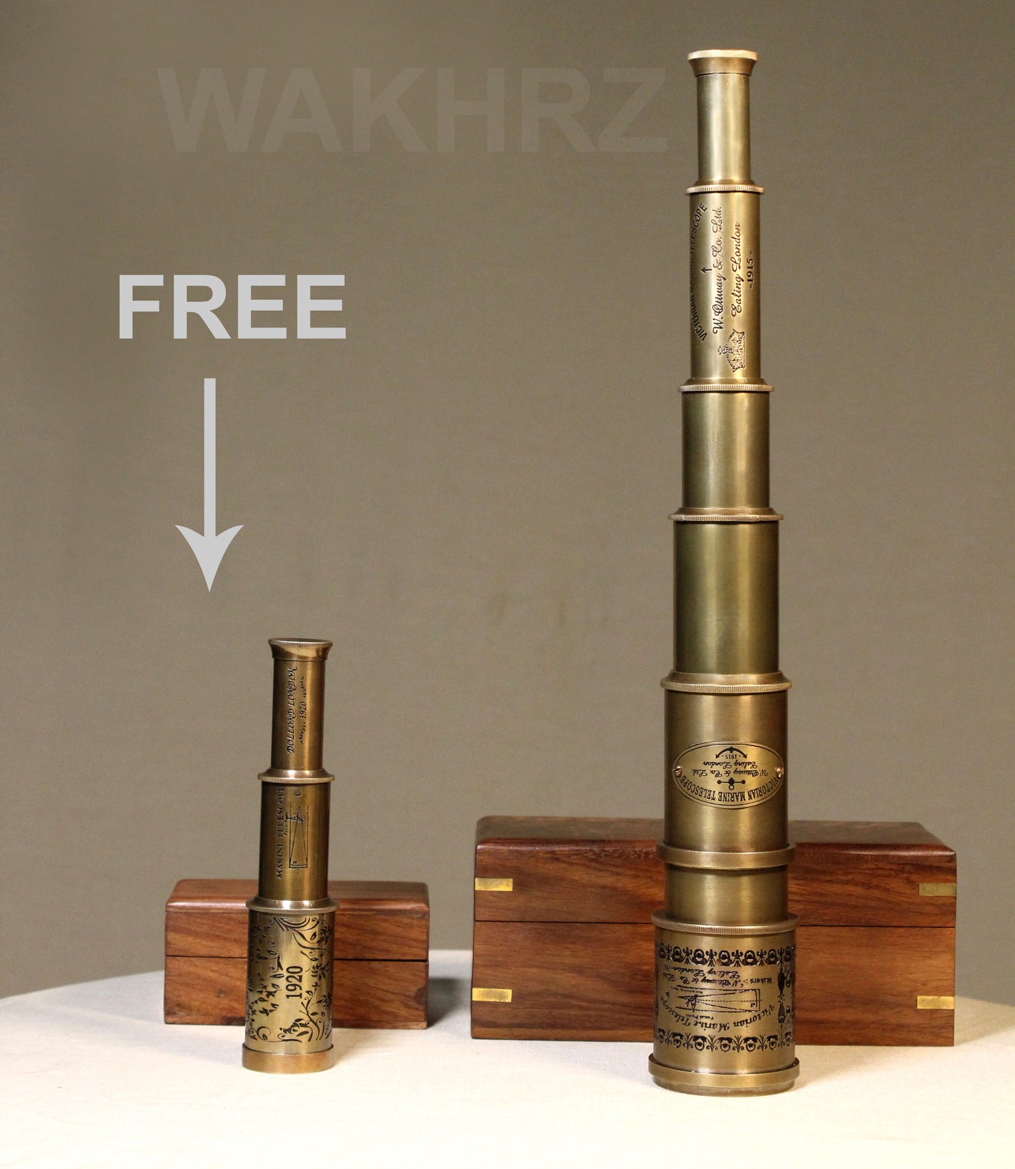 WAKHRZ BRASS VICTORIAN MARINE TELESCOPE WITH WOODEN BOX.