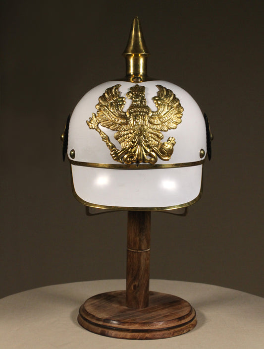 WAKHRZ white leather pickelhaube, ARFIA Prussian Spiked Military Helmet.