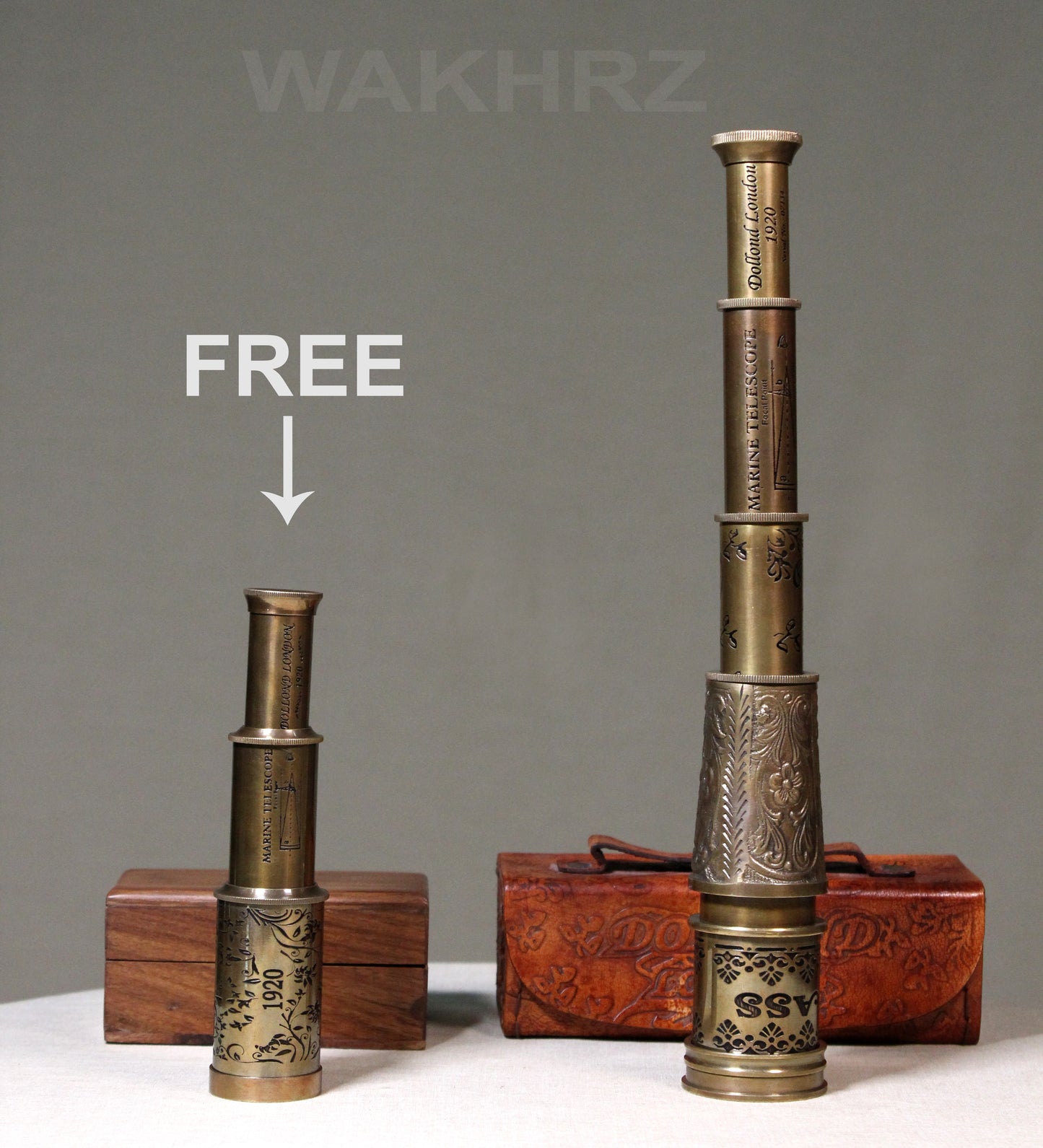 WAKHRZ BRASS MARINE TELESCOPE WITH LEATHER BOX.