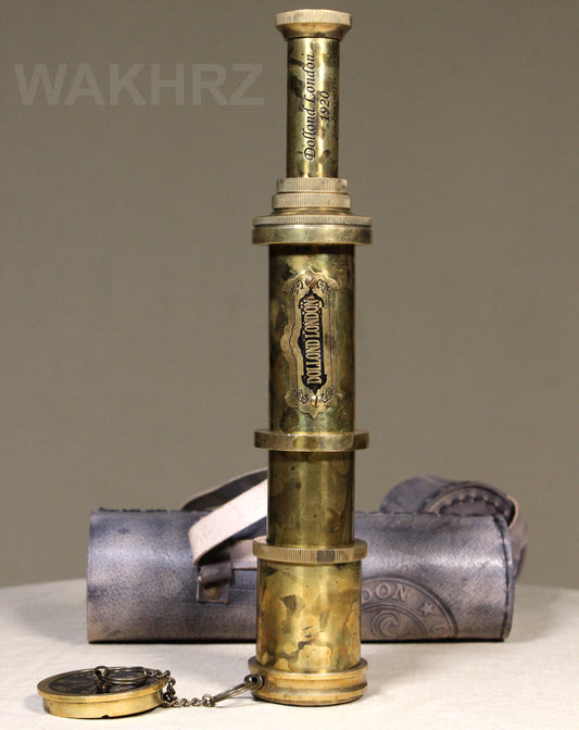 WAKHRZ SHINY BRASS DOLLOND LONDON TELESCOPE WITH SIDE LEATHER BOX.