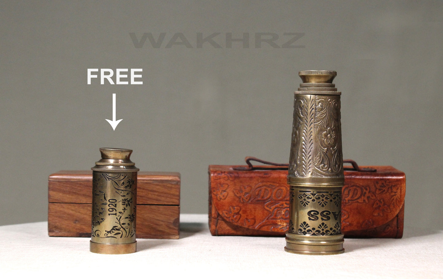 WAKHRZ BRASS MARINE TELESCOPE WITH LEATHER BOX.