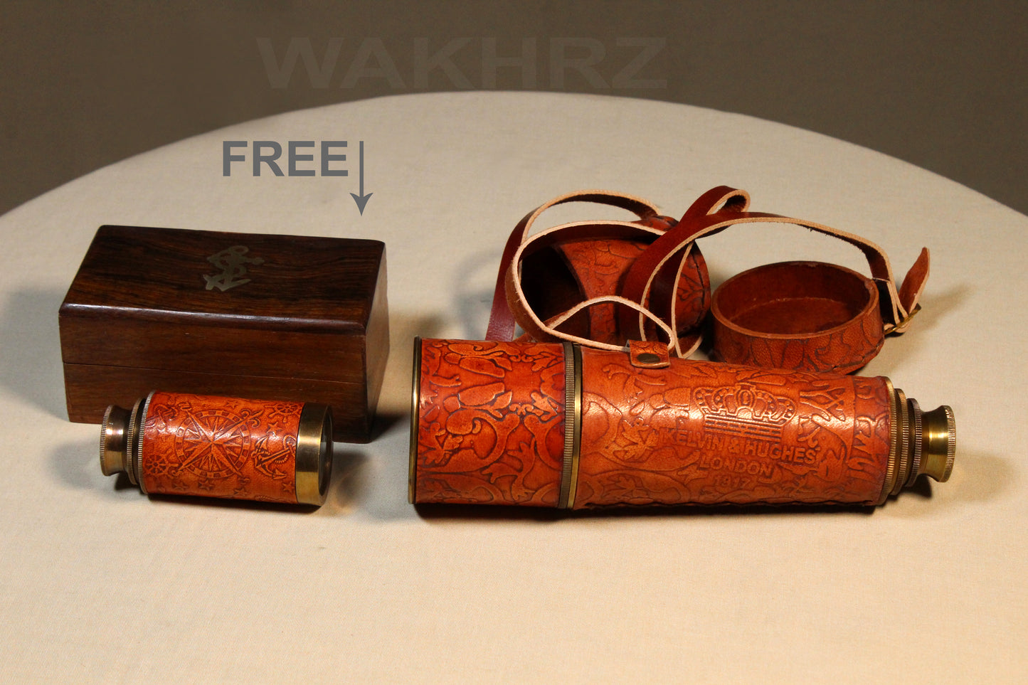 WAKHRZ LONDON 1917 KELVIN & HUGHES LIGHT RED TELESCOPE WITH LEATHER FITTED BOX.
