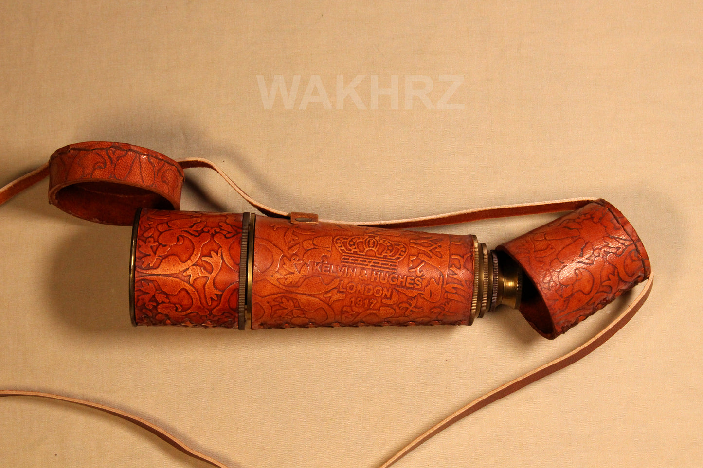 WAKHRZ LONDON 1917 KELVIN & HUGHES LIGHT RED TELESCOPE WITH LEATHER FITTED BOX.