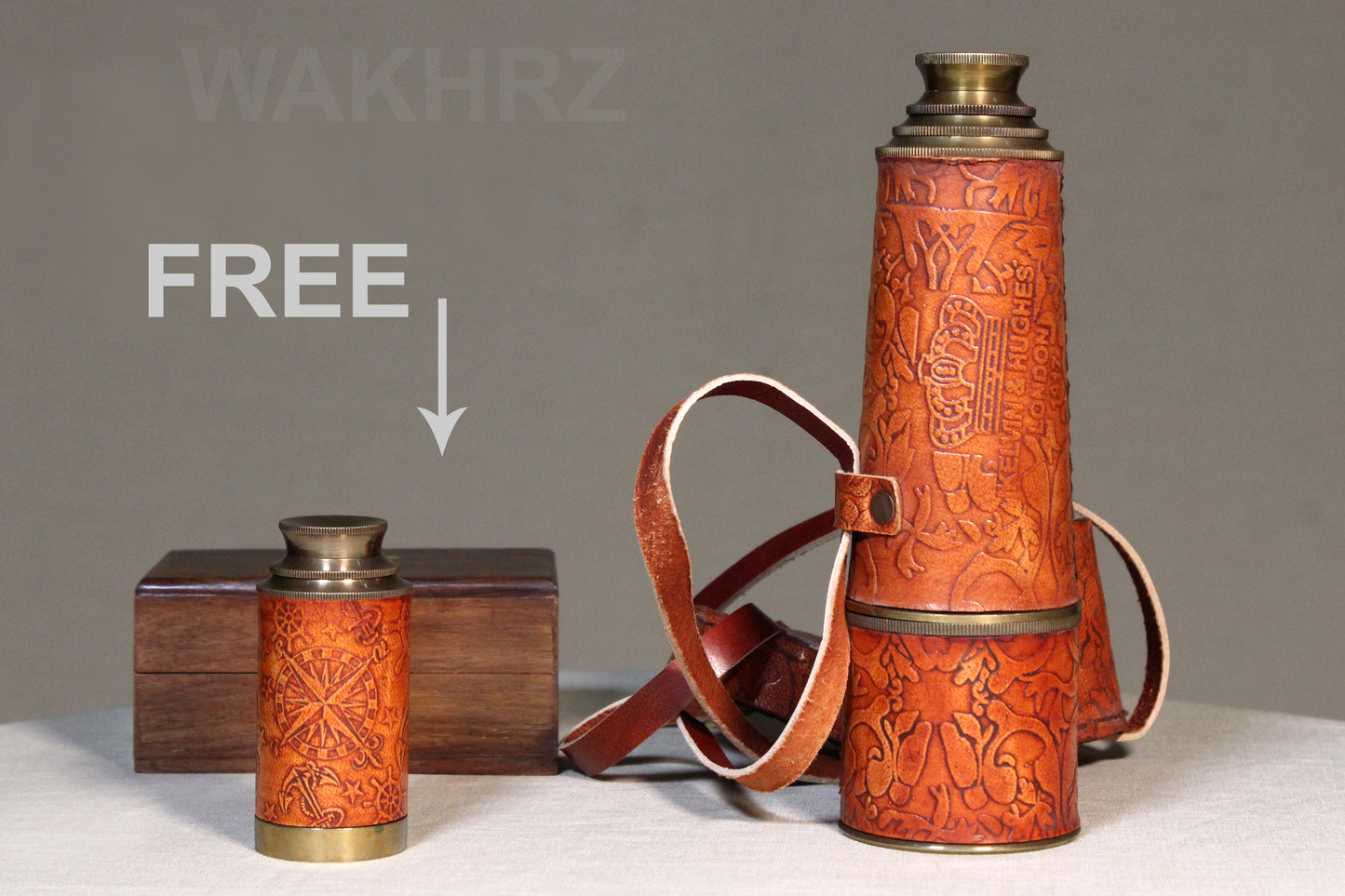 WAKHRZ LONDON 1917 KELVIN & HUGHES LIGHT RED TELESCOPE WITH LEATHER FITTED BOX.