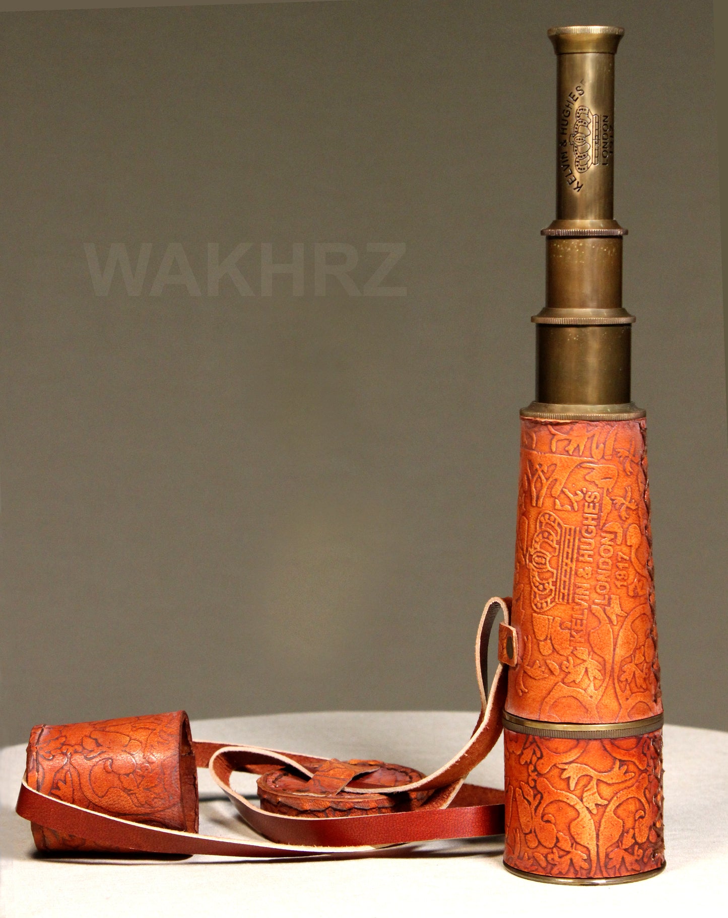 WAKHRZ LONDON 1917 KELVIN & HUGHES LIGHT RED TELESCOPE WITH LEATHER FITTED BOX.