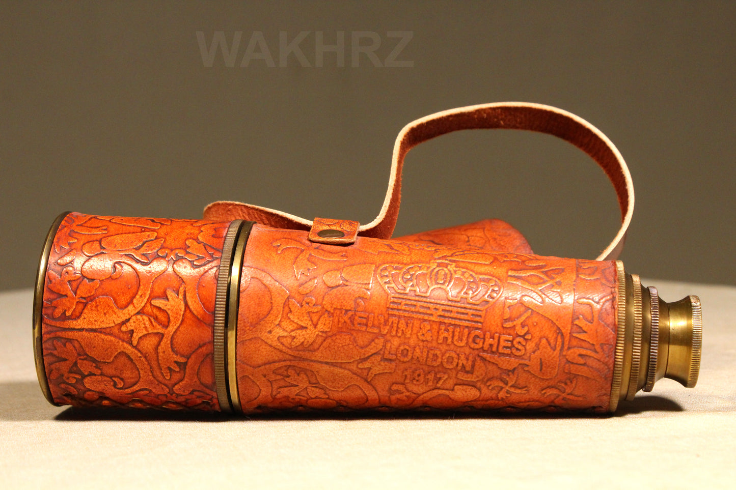 WAKHRZ LONDON 1917 KELVIN & HUGHES LIGHT RED TELESCOPE WITH LEATHER FITTED BOX.