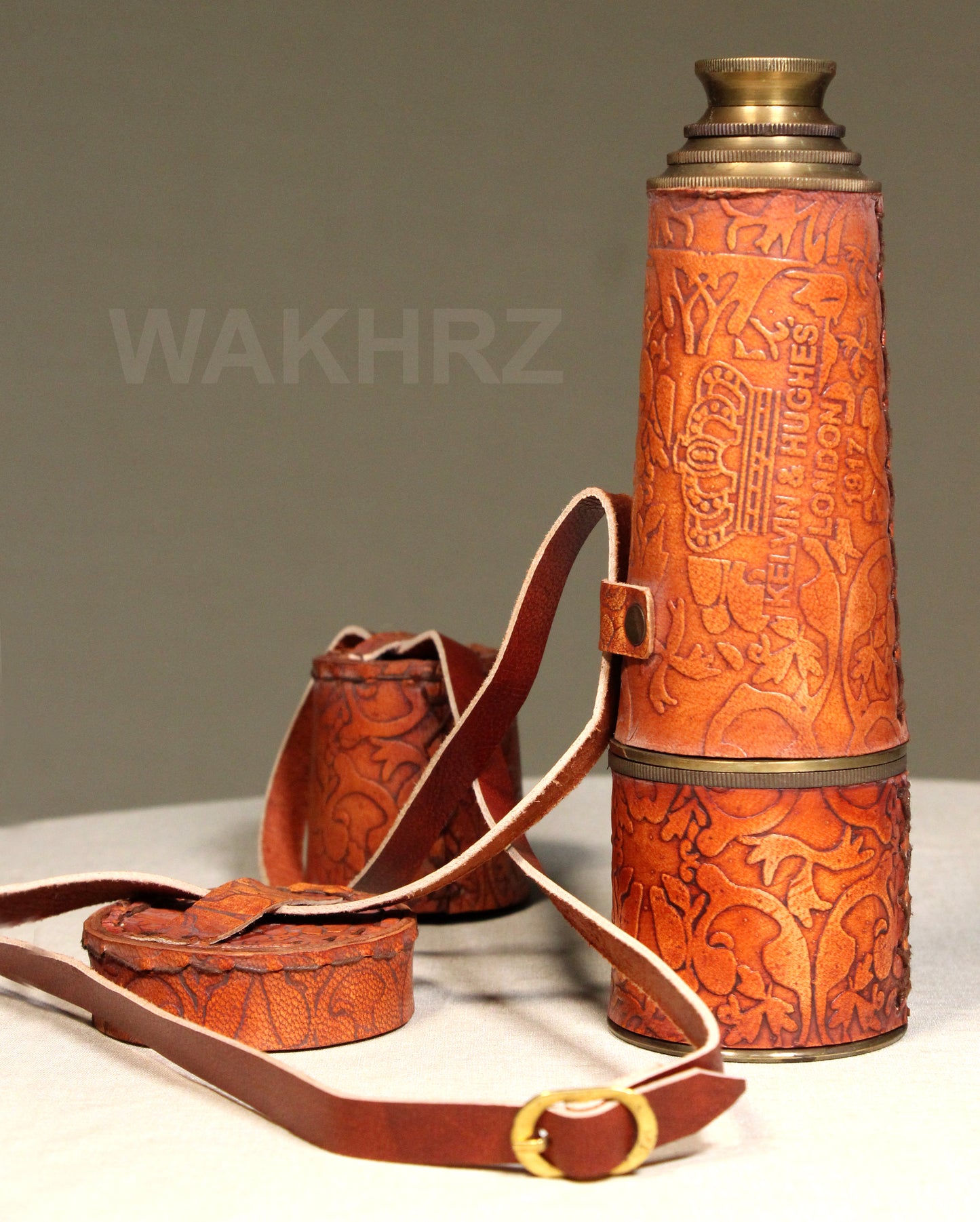 WAKHRZ LONDON 1917 KELVIN & HUGHES LIGHT RED TELESCOPE WITH LEATHER FITTED BOX.