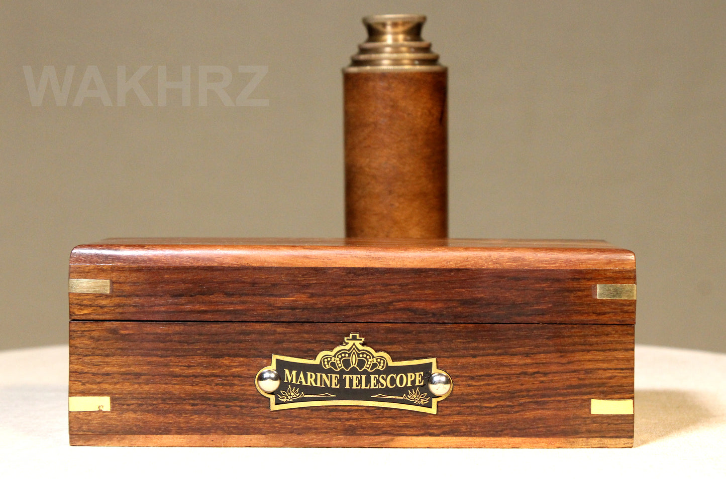 WAKHRZ LEATHER MARINE TELESCOPE WITH WOODEN BOX.