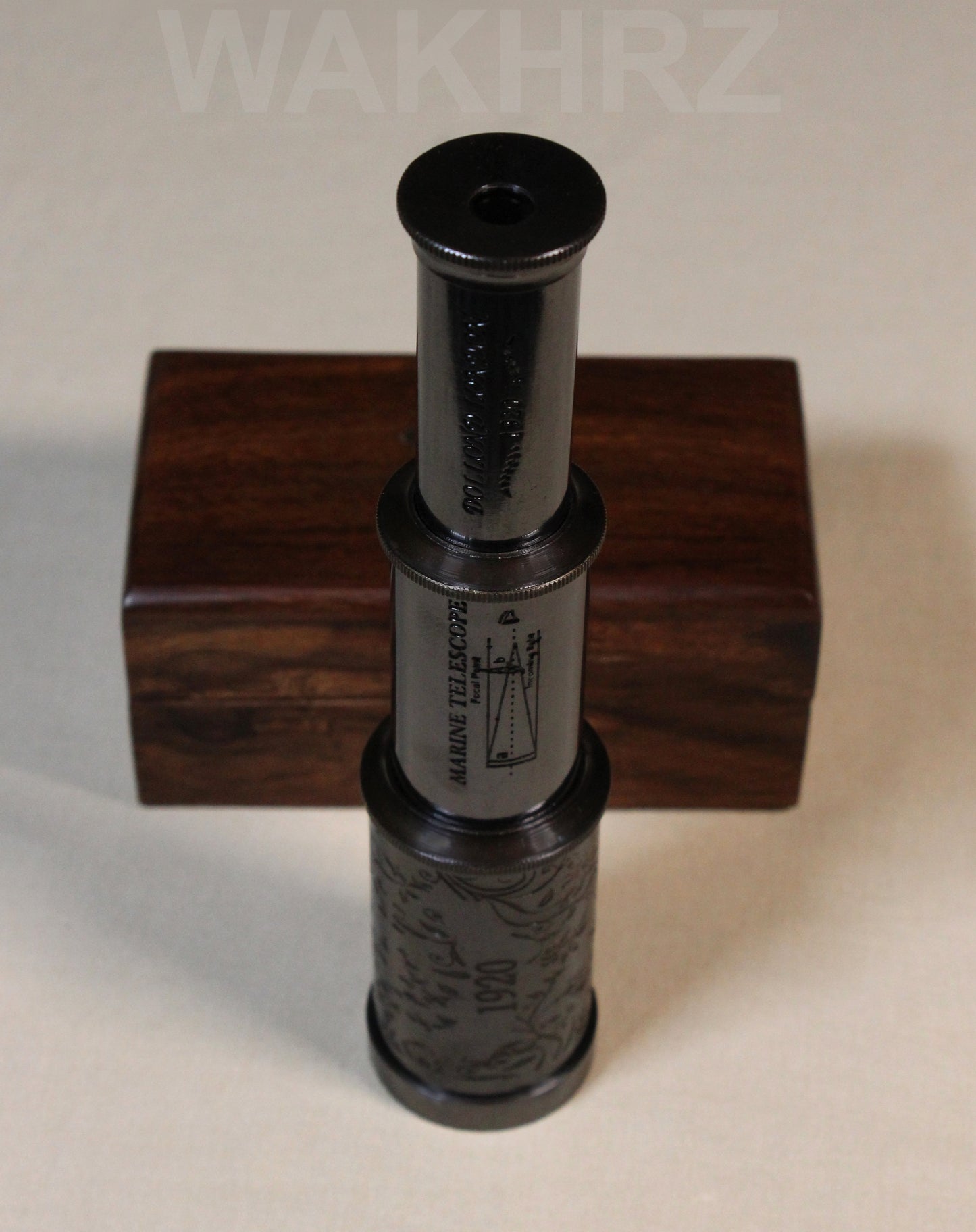 WAKHRZ ( Mini ) DOLLOND LONDON 1920 SHINY BLACK TELESCOPE WITH WOODEN BOX.