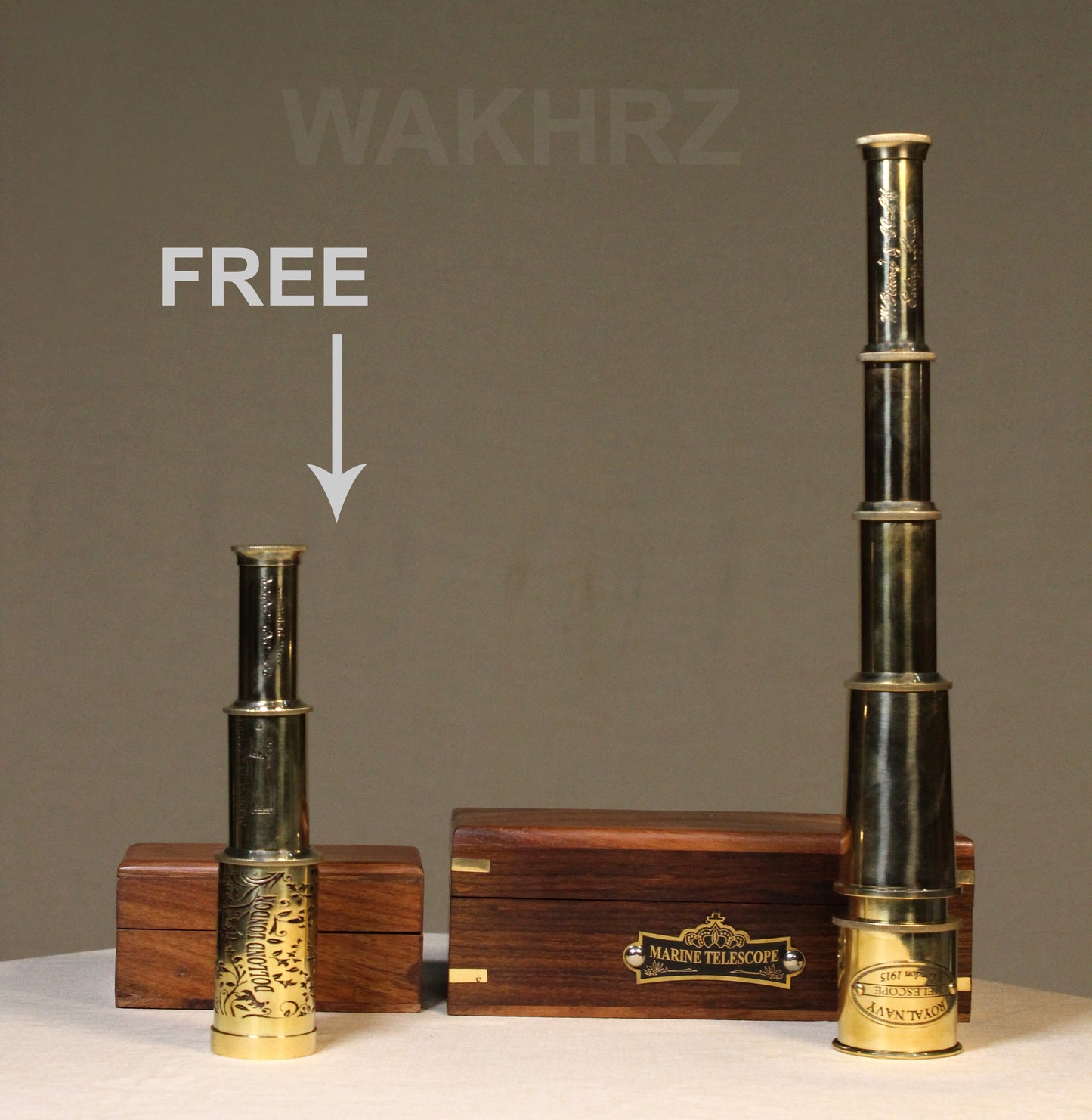 WAKHRZ ROYAL NAVY LONDON 1915 TELESCOPE WITH WOODEN BOX.