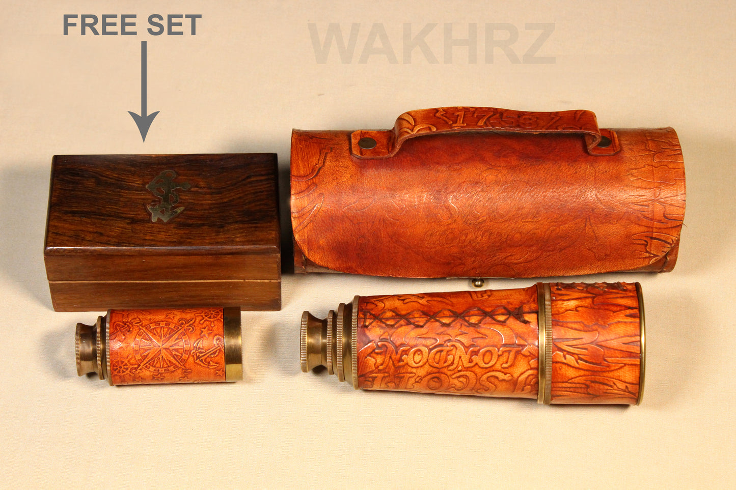 WAKHRZ SCOTT LONDON 1753 TELESCOPE WITH LEATHER BOX.