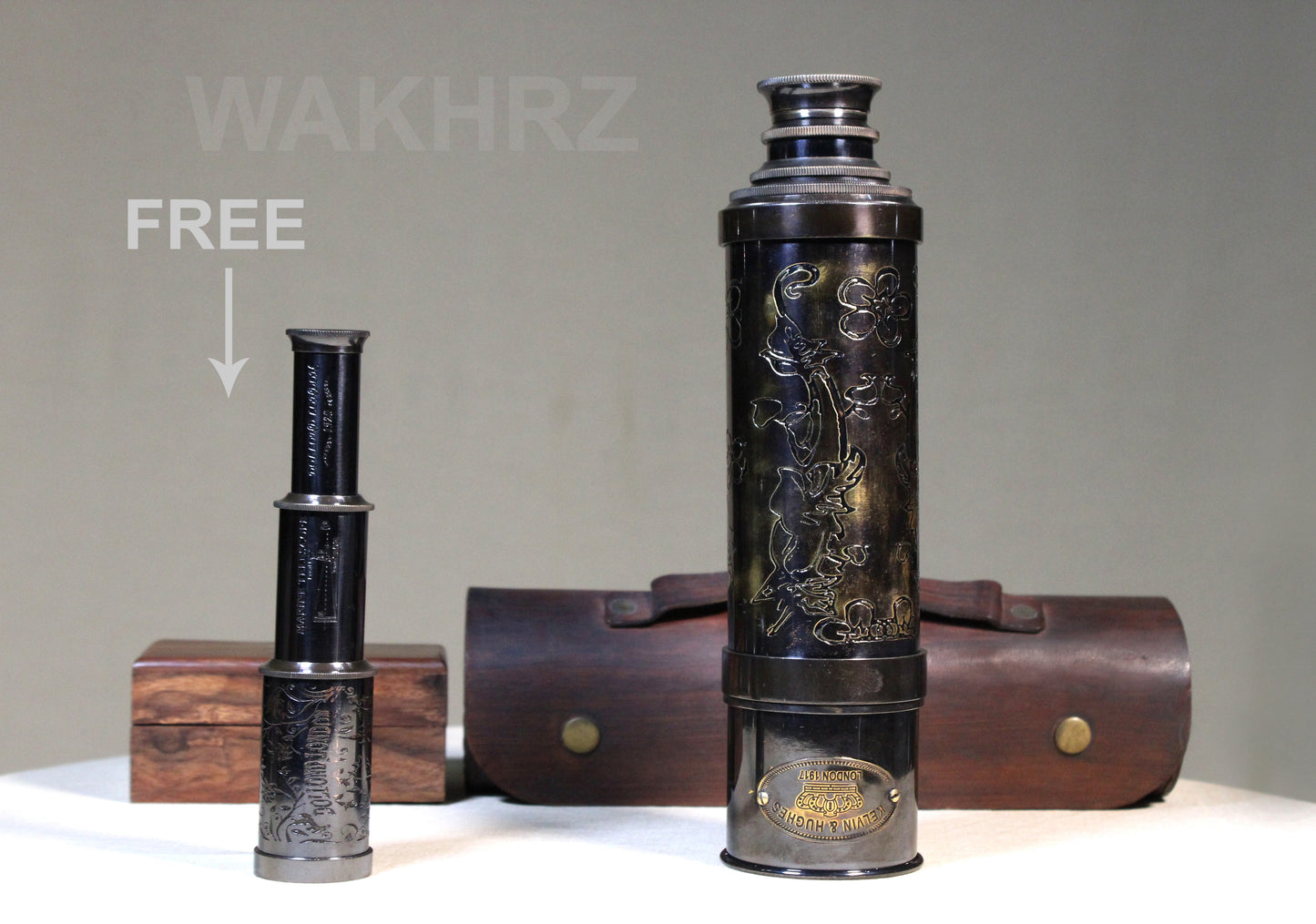WAKHRZ BRASS SHINY BLACK LONDON 1917 TELESCOPE WITH LEATHER BOX.