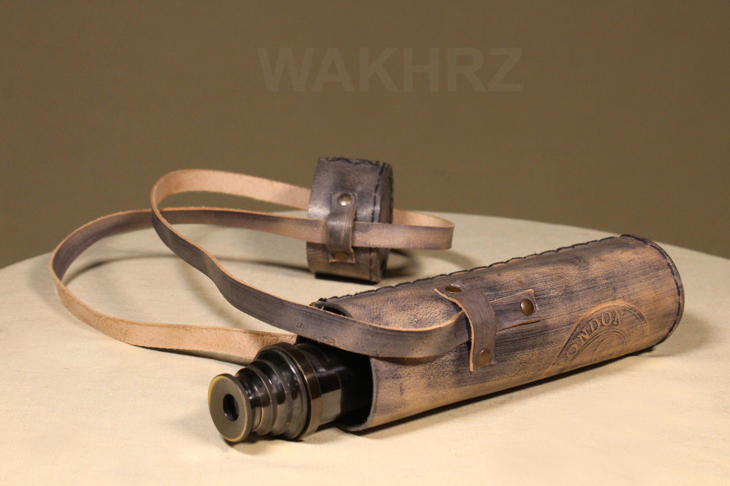 WAKHRZ SHINY BLACK BRASS DOLLOND LONDON TELESCOPE WITH SIDE LEATHER BOX.