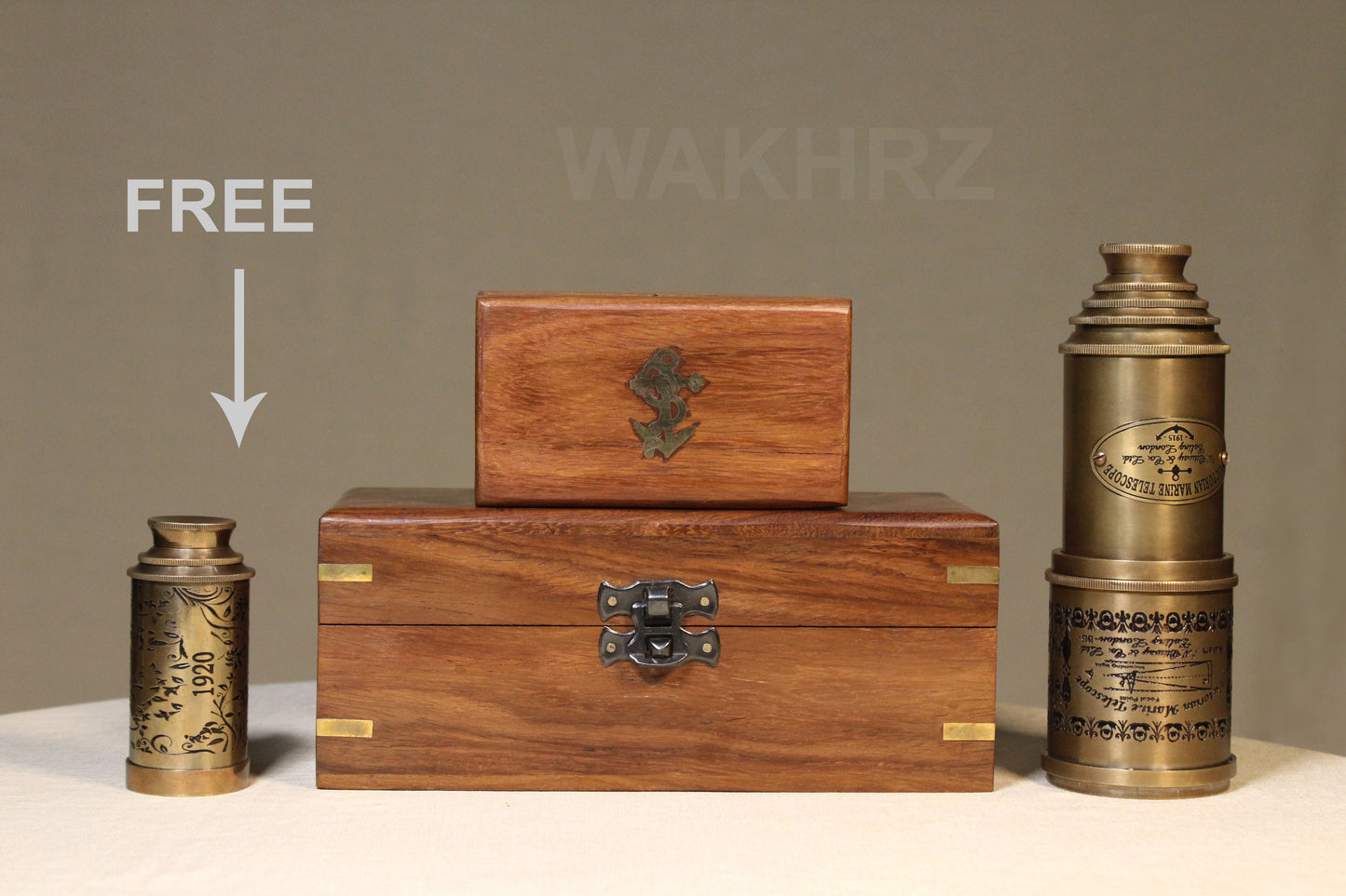 WAKHRZ BRASS VICTORIAN MARINE TELESCOPE WITH WOODEN BOX.