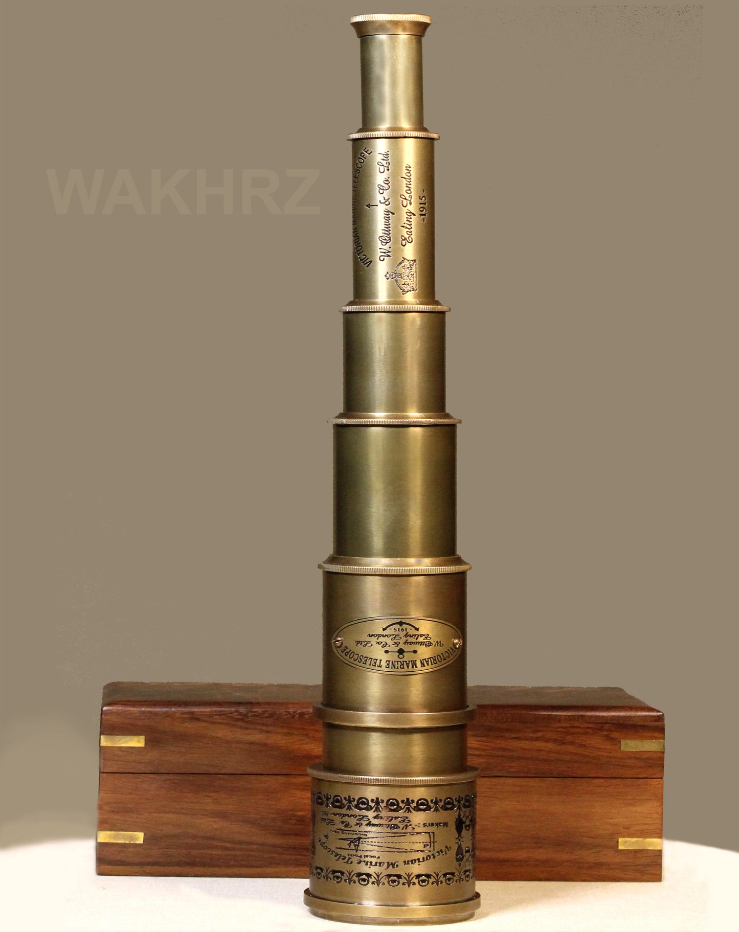 WAKHRZ BRASS VICTORIAN MARINE TELESCOPE WITH WOODEN BOX.