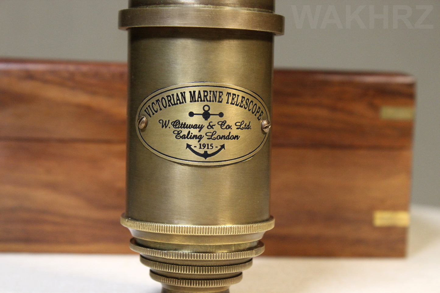 WAKHRZ BRASS VICTORIAN MARINE TELESCOPE WITH WOODEN BOX.