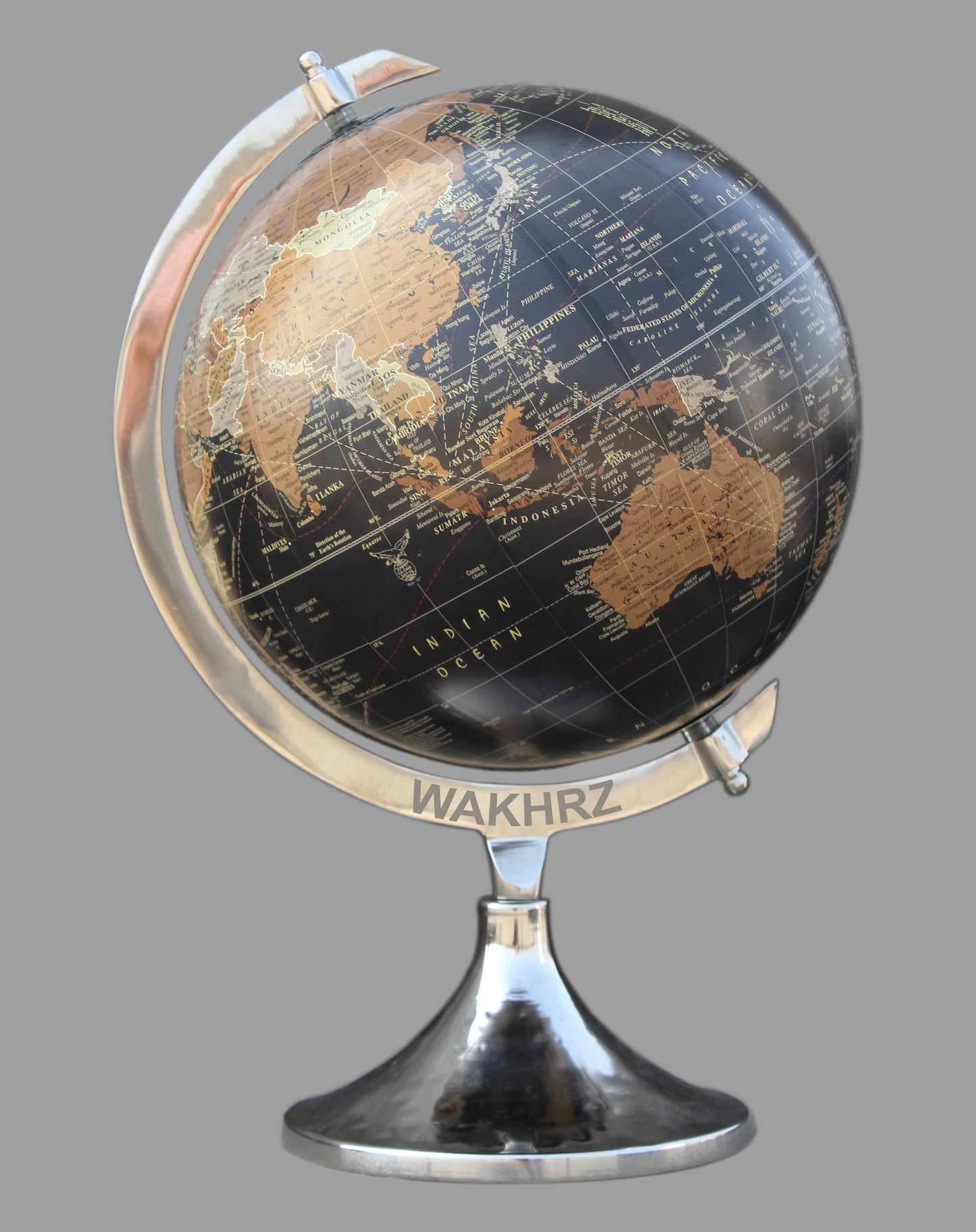 WAKHRZ 12" Diameter Black Globe With Metal Chrome Base.